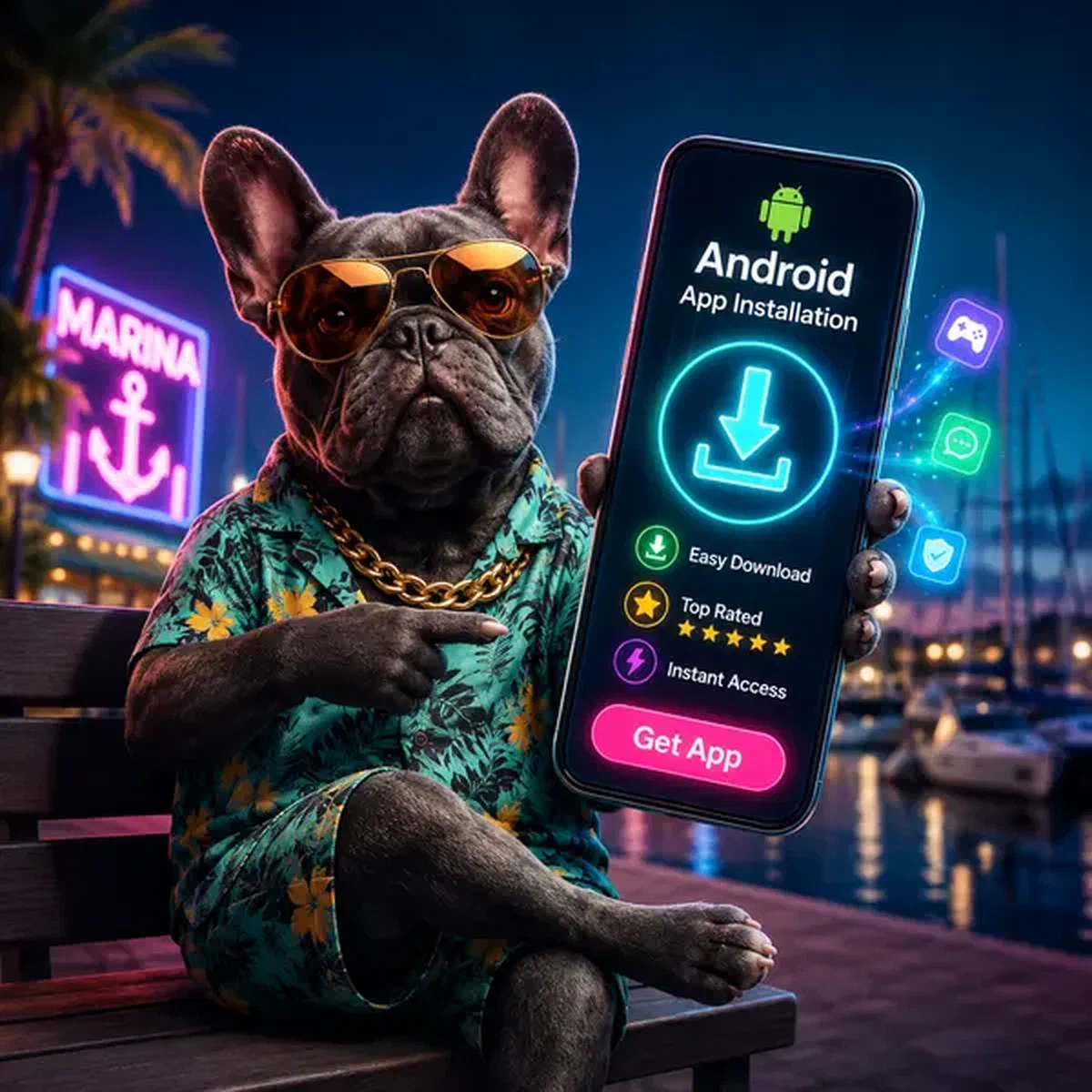 Bulldog francese con occhiali da aviatore che scarica l'app BaxterBet su schermo smartphone luminoso