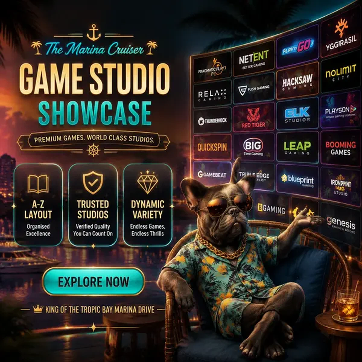 Marina Cruiser che mostra le slot gratis BaxterBet Casino con tessere di studi di gioco luminose