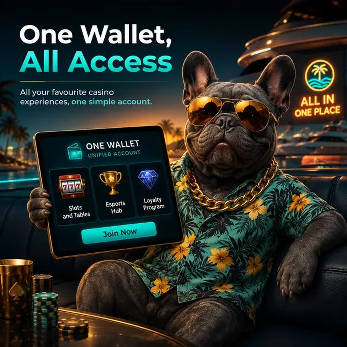 Marina Cruiser bulldog francese che mostra il sistema portafoglio unico BaxterBet Casino su tablet luminoso