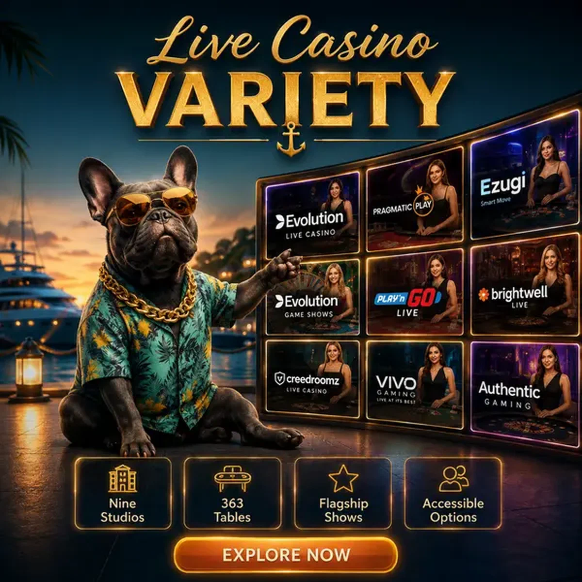Marina Cruiser presenta la varietà del live casino di BaxterBet con un mosaico di riquadri di gioco