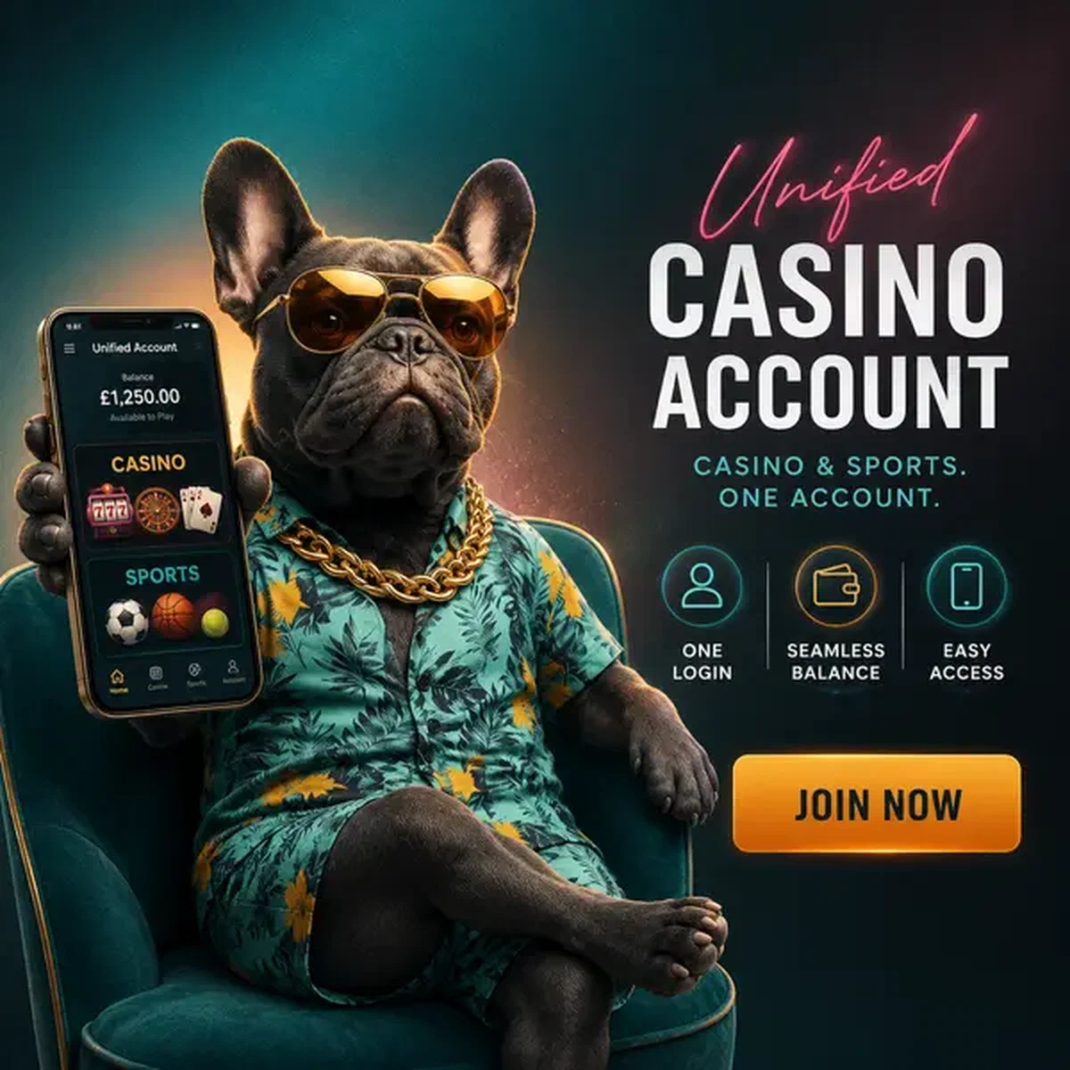 Bulldog francese gentiluomo che mostra login unificato su smartphone sulla piattaforma BaxterBet