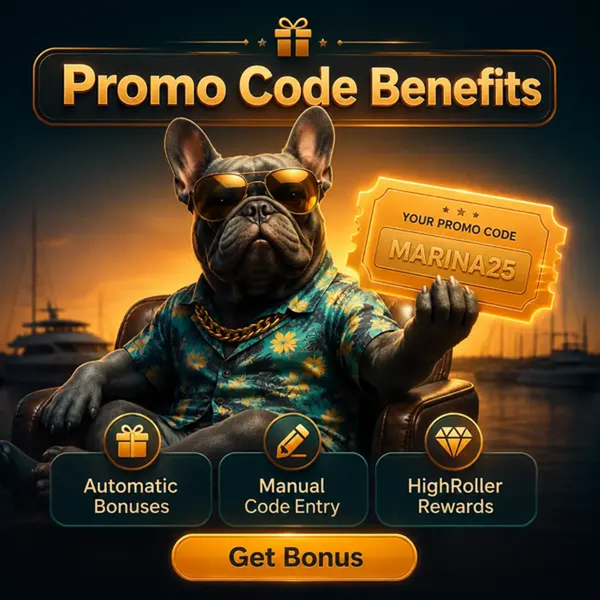 Codice promozionale luminoso mentre il bulldog francese presenta il voucher bonus BaxterBet al tramonto sul porto