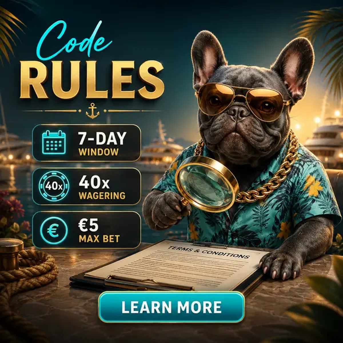 Bulldog francese che esamina i termini del codice promozionale con lente d'ingrandimento alle Finestre di Scadenza del Codice e Regole di Cancellazione
