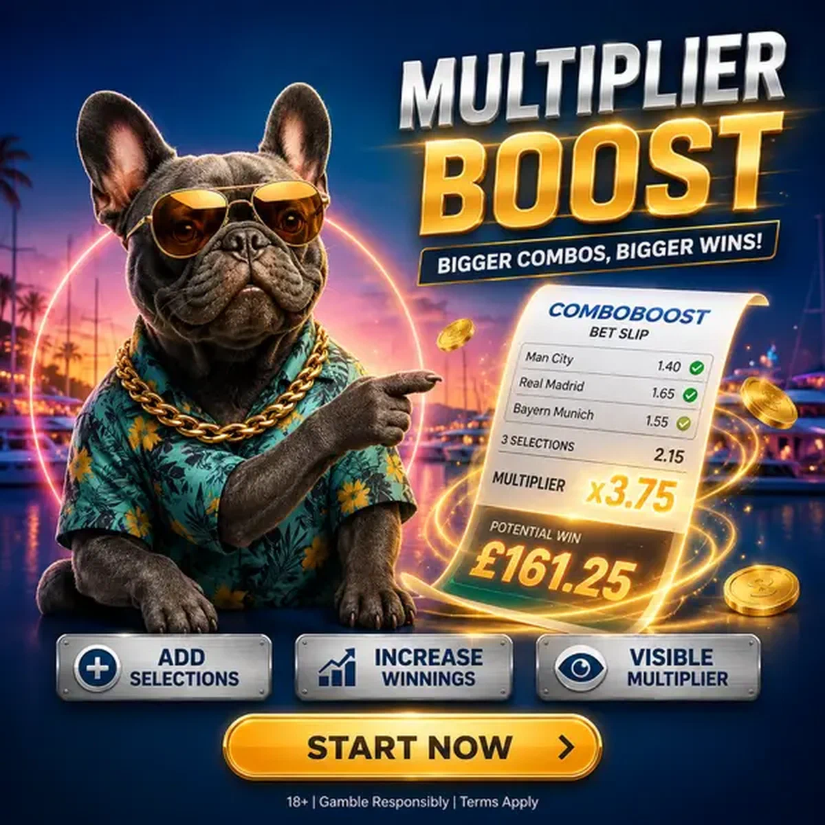 Bulldog francese esperto che presenta il moltiplicatore scommesse sportive su ComboBoost Multiplier Logic and Accumulator Math
