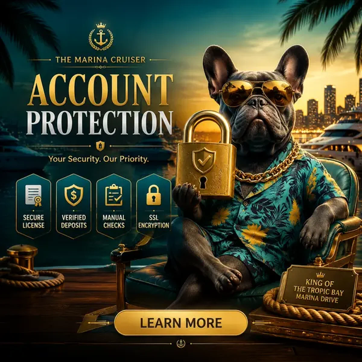 Bulldog francese esperto di sicurezza che mostra la protezione dell'account presso il porto del Framework di Licenza Curaçao durante l'iscrizione