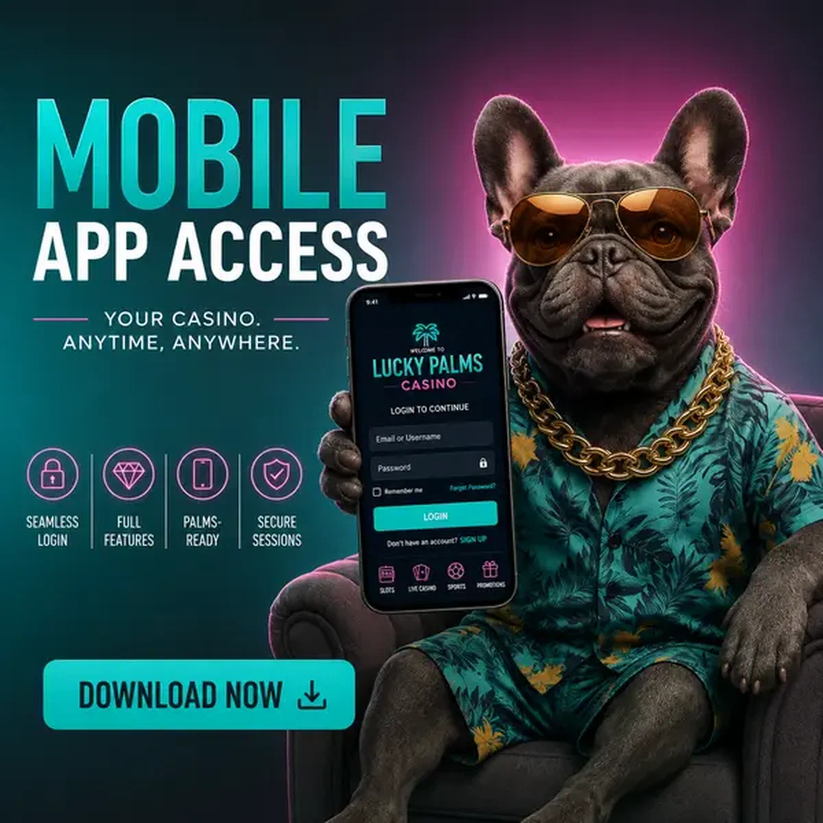 Bulldog francese gentiluomo che presenta schermata login app mobile su Mobile Login e Accesso App