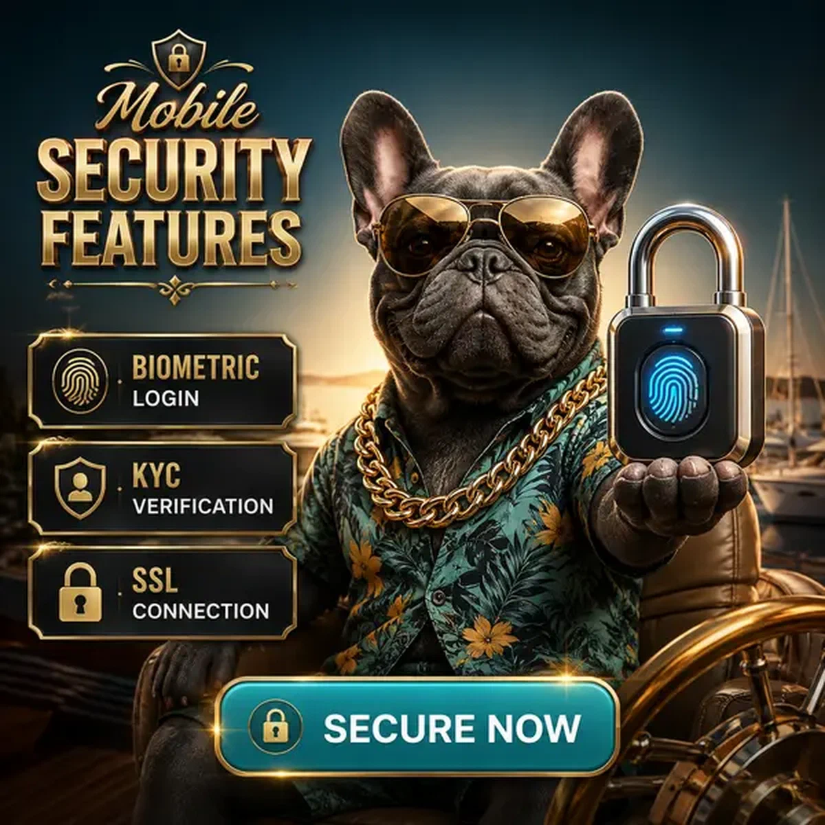 Bulldog francese con occhiali da aviatore che presenta la sicurezza di accesso biometrico presso Mobile Security and Biometric Login Features app mobile