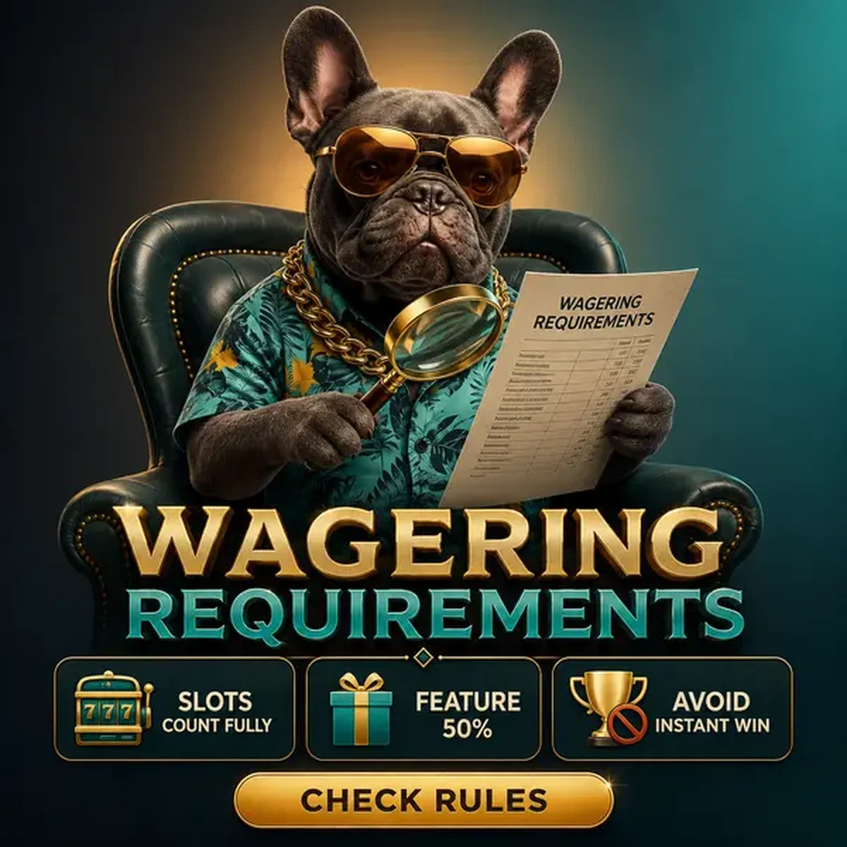 Bulldog francese esamina documento dei requisiti di puntata con lente d'ingrandimento al banco bonus Requisiti di Puntata e Contributi dei Giochi