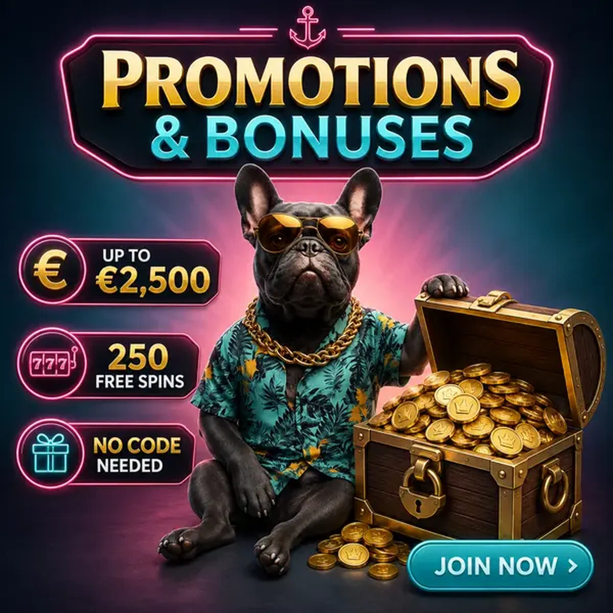 Bulldog francese che presenta forziere pieno di monete bonus BaxterBet e ricompense dorate