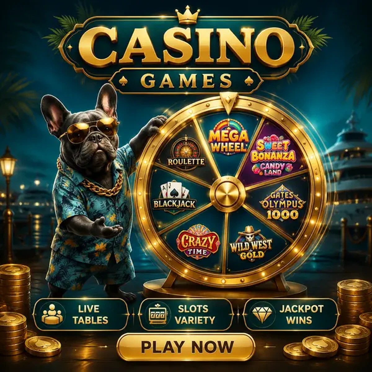 Bulldog francese gentleman gira ruota premio dorata alla lobby BaxterBet Casino Games