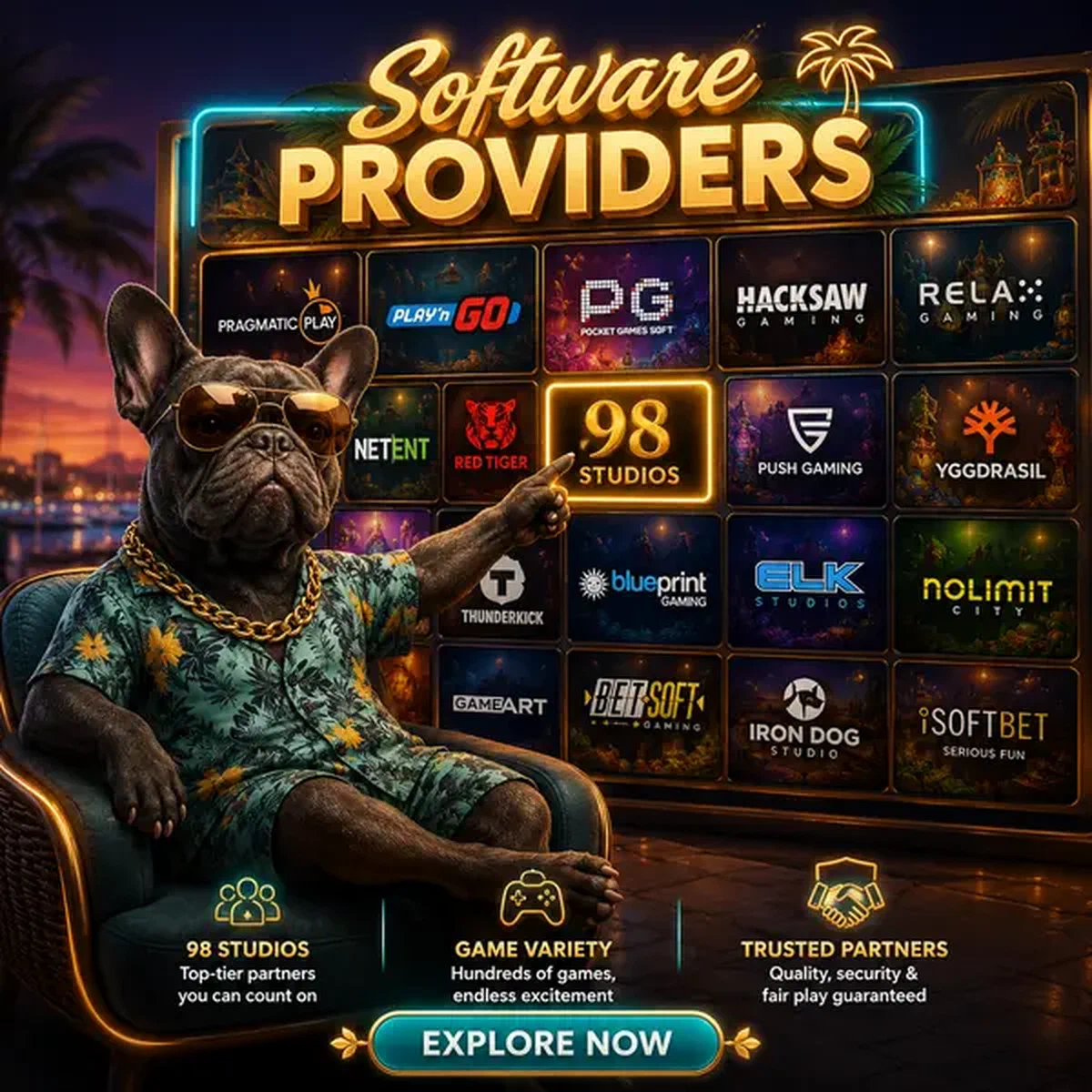 Vetrina provider software BaxterBet con tessere gioco luminose in ambientazione marina serale